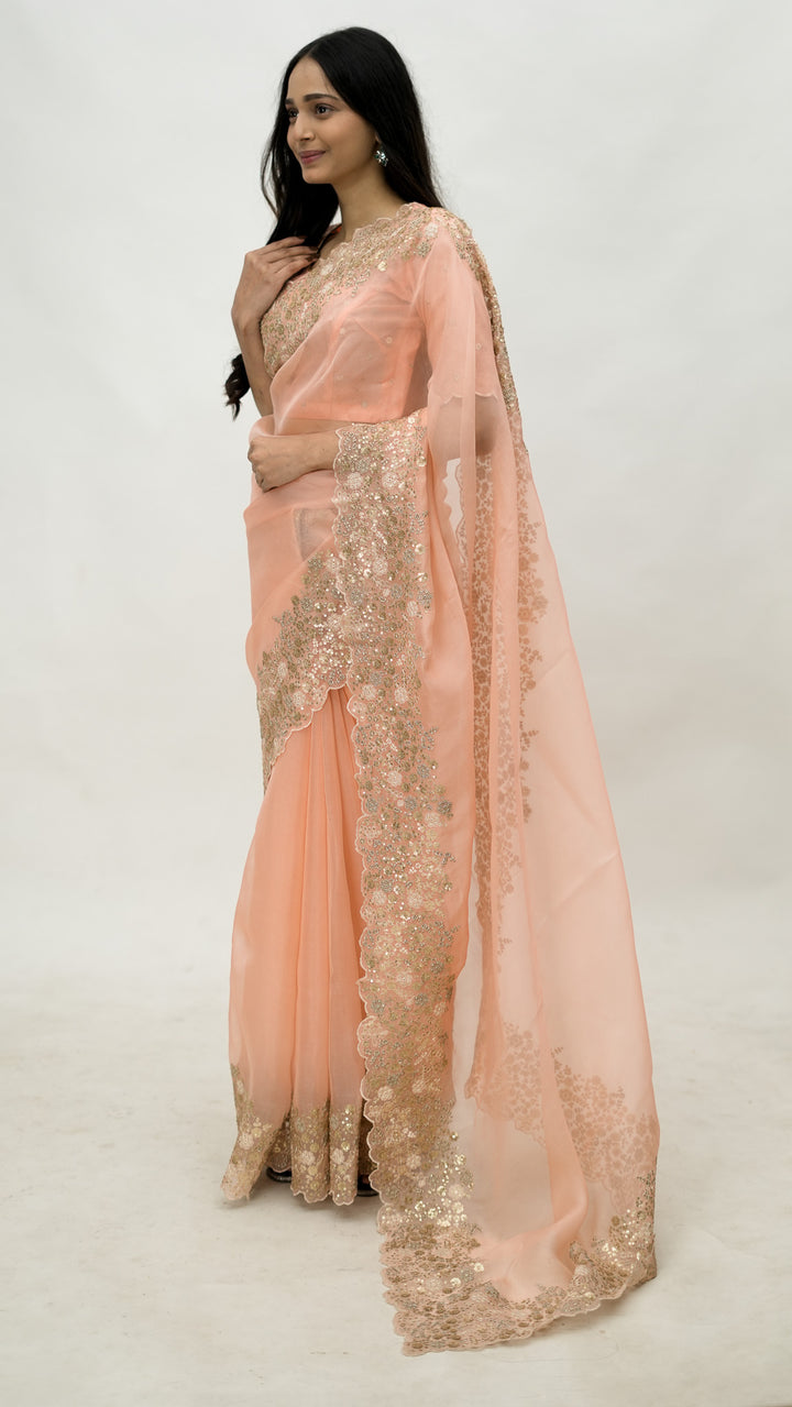 Tabeera Embroidered Saree on Peach Pure Silk Organza