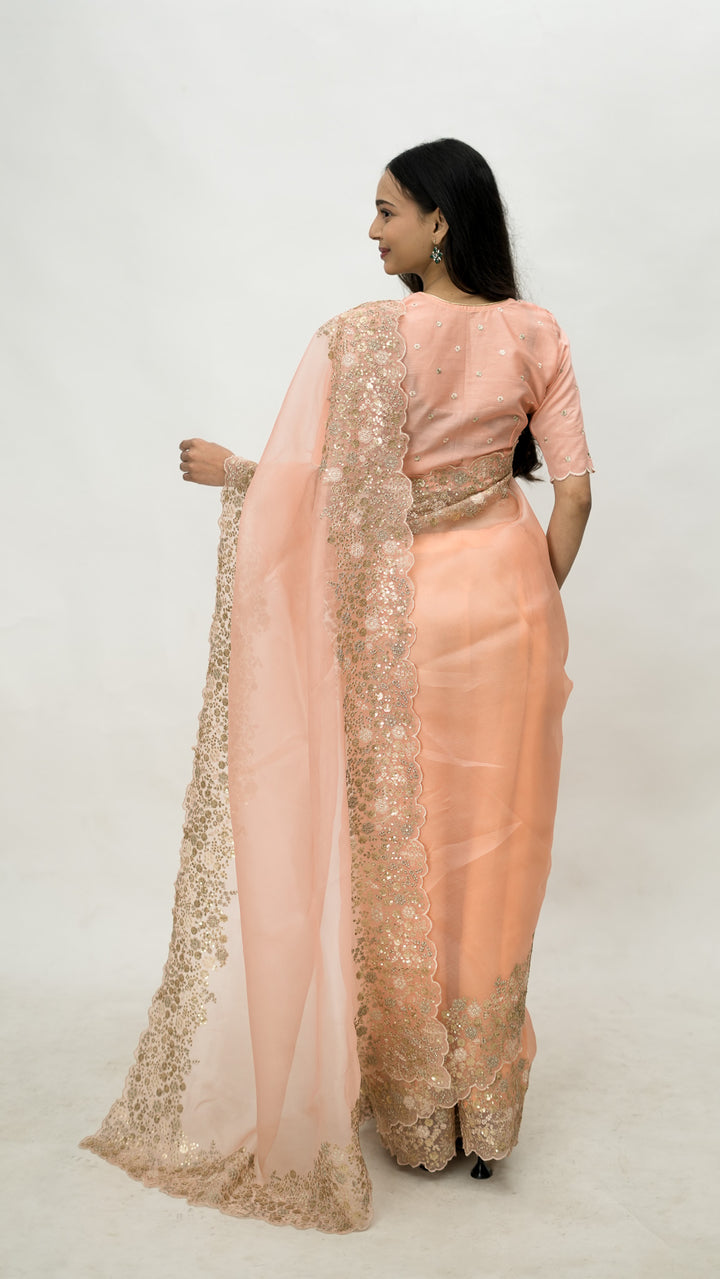 Tabeera Embroidered Saree on Peach Pure Silk Organza