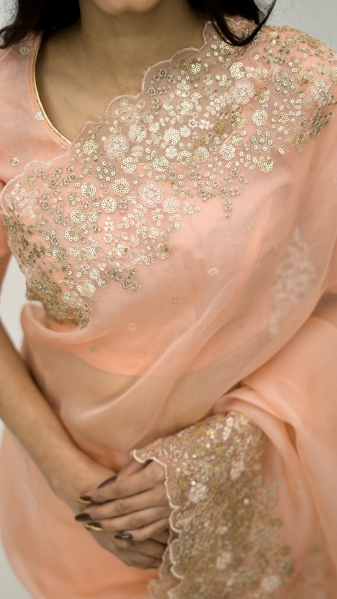 Tabeera Embroidered Saree on Peach Pure Silk Organza