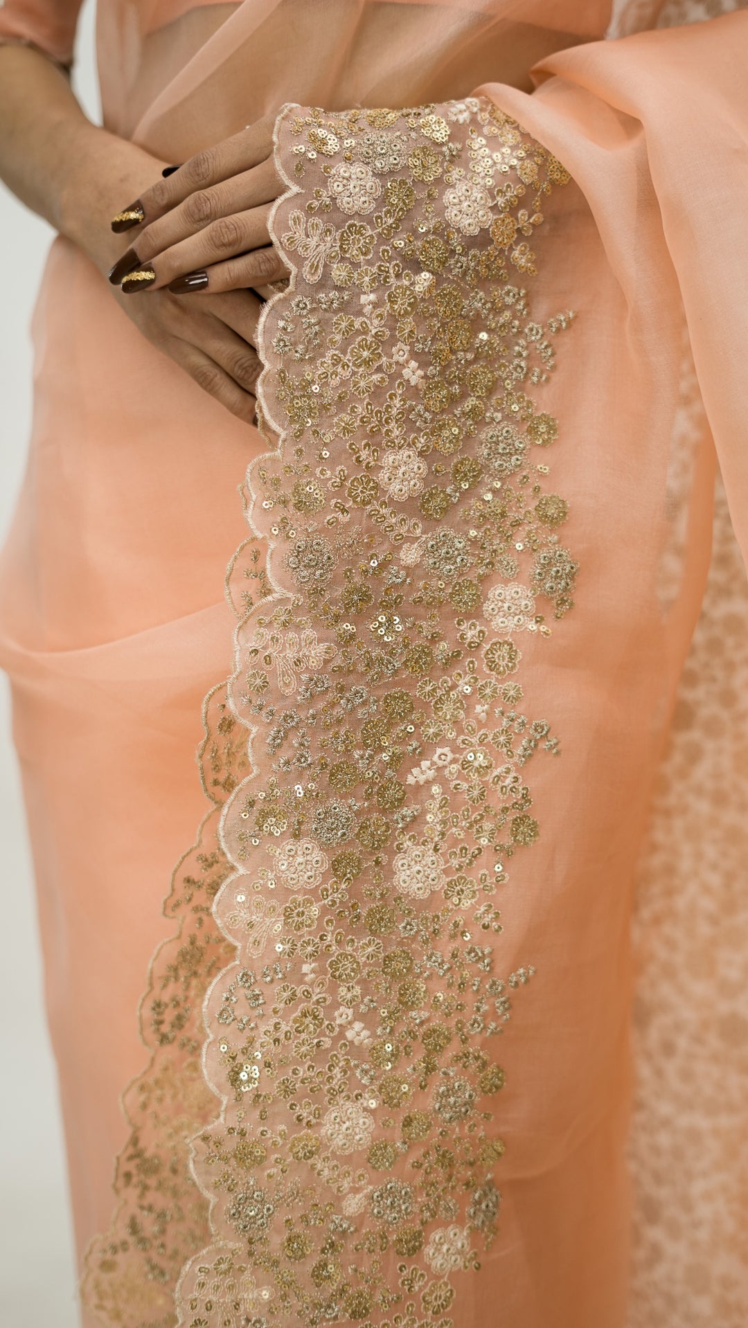 Tabeera Embroidered Saree on Peach Pure Silk Organza