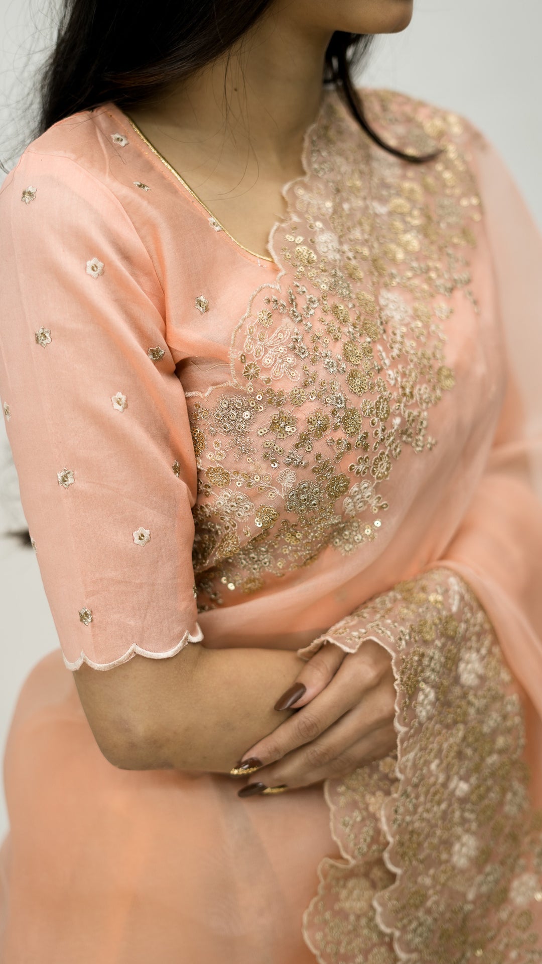 Tabeera Embroidered Saree on Peach Pure Silk Organza