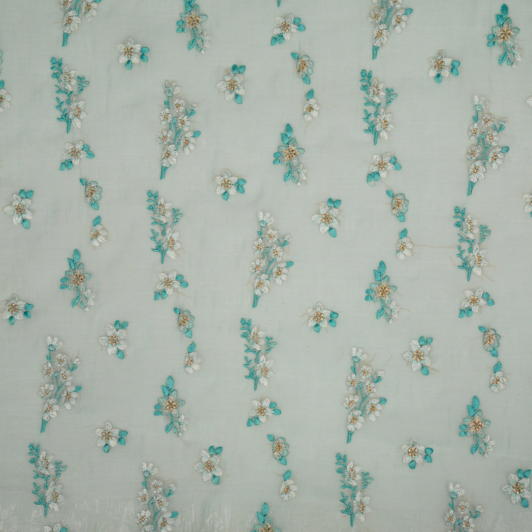 Sheen Buta on Aqua Cotton Silk Embroidered Fabric