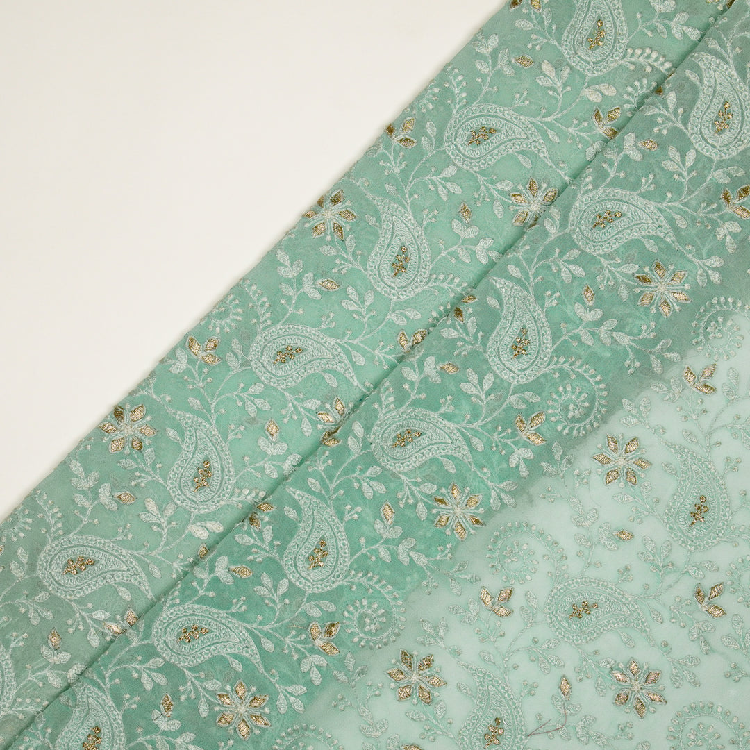Nabila Jaal on Light Aqua Semi Georgette Embroidered Fabric