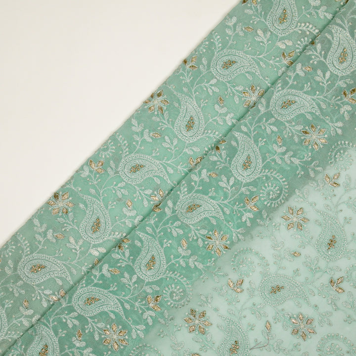 Nabila Jaal on Light Aqua Semi Georgette Embroidered Fabric