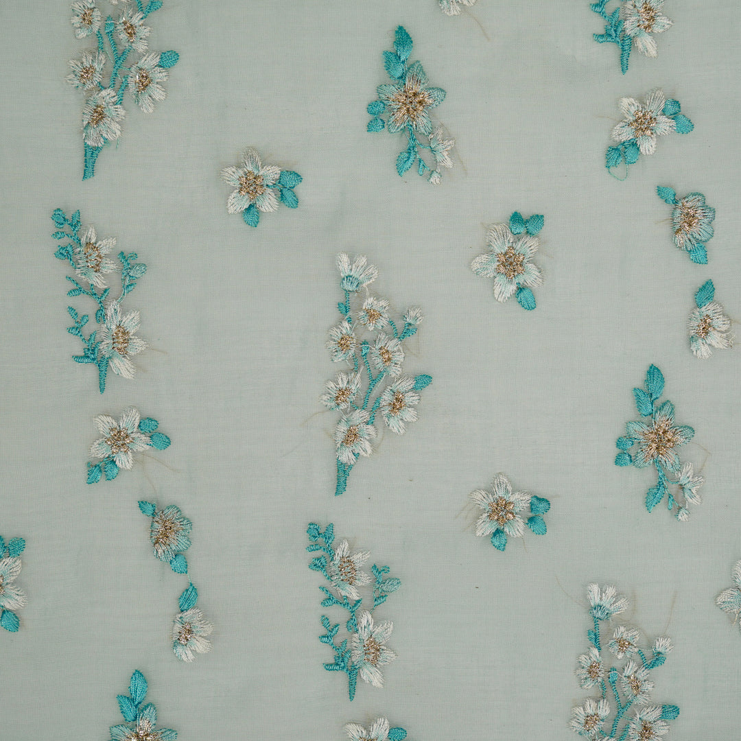 Sheen Buta on Aqua Cotton Silk Embroidered Fabric