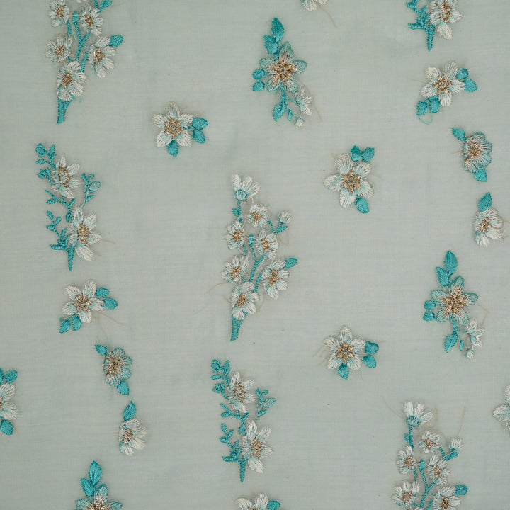 Sheen Buta on Aqua Cotton Silk Embroidered Fabric