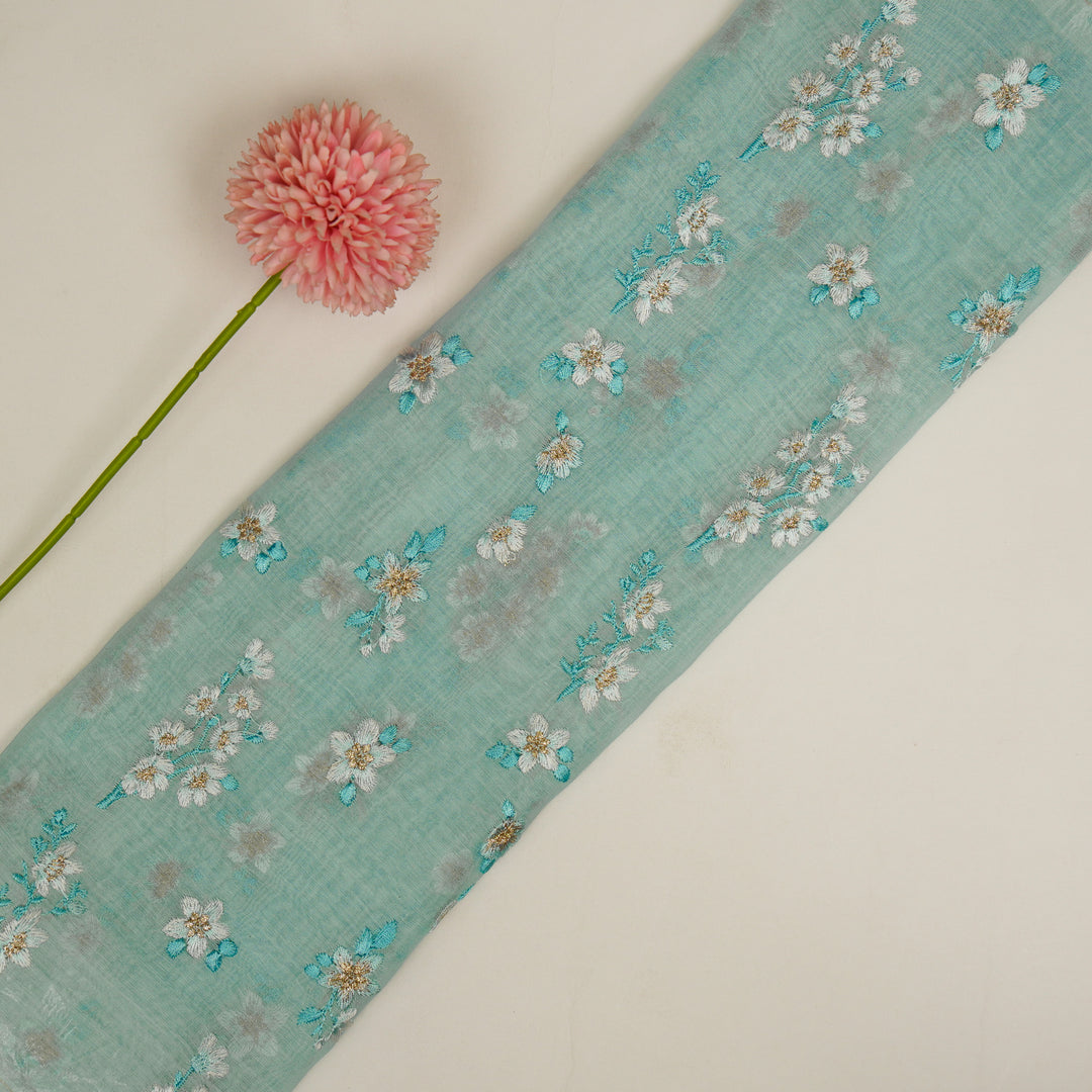 Sheen Buta on Aqua Cotton Silk Embroidered Fabric
