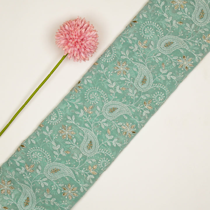 Nabila Jaal on Light Aqua Semi Georgette Embroidered Fabric