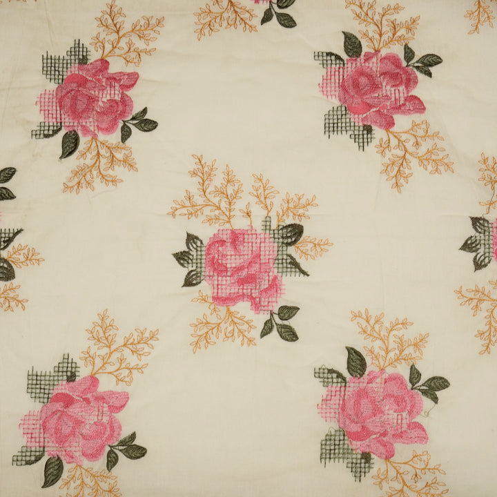 Hiral Rose Buta on Cream Malmal Embroidered Fabric