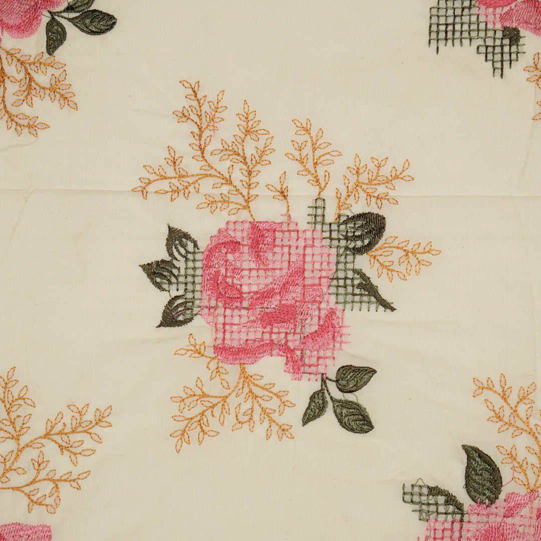 Hiral Rose Buta on Cream Malmal Embroidered Fabric