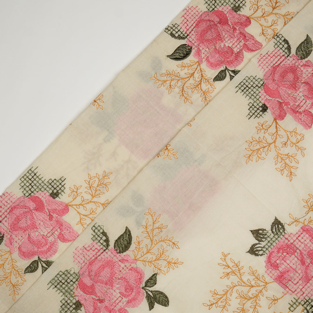 Hiral Rose Buta on Cream Malmal Embroidered Fabric