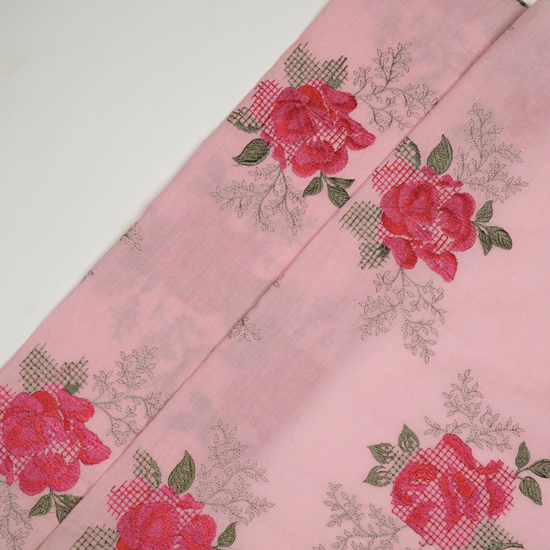 Hiral Rose Buta on Pink Malmal Embroidered Fabric