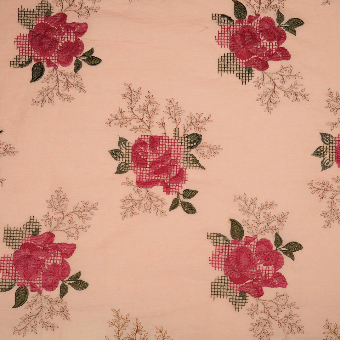 Hiral Rose Buta on Light Peach Malmal Embroidered Fabric