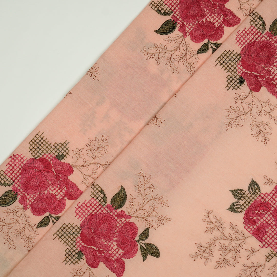 Hiral Rose Buta on Light Peach Malmal Embroidered Fabric