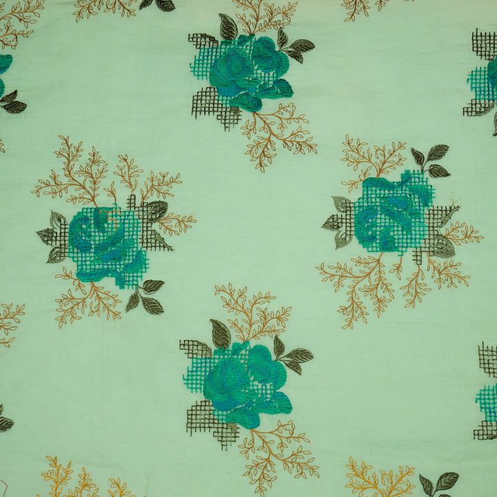 Hiral Rose Buta on Sea Green Malmal Embroidered Fabric