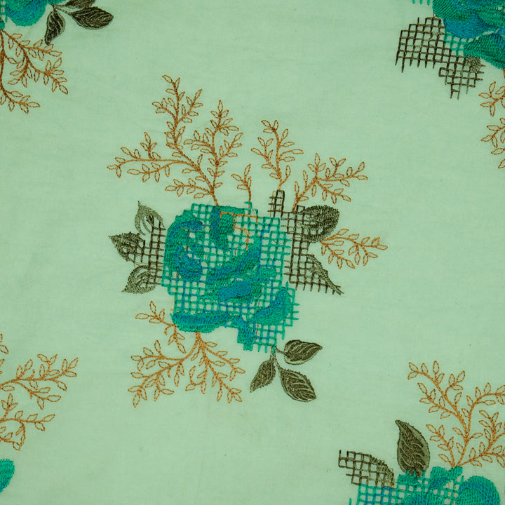 Hiral Rose Buta on Sea Green Malmal Embroidered Fabric