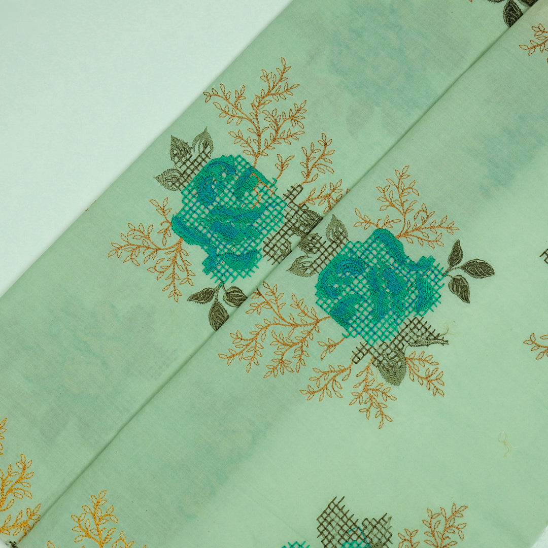 Hiral Rose Buta on Sea Green Malmal Embroidered Fabric