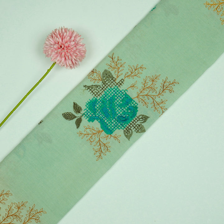 Hiral Rose Buta on Sea Green Malmal Embroidered Fabric