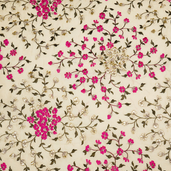 Anabia Jaal on Cream/Fuxia Semi Chanderi Embroidered Fabric