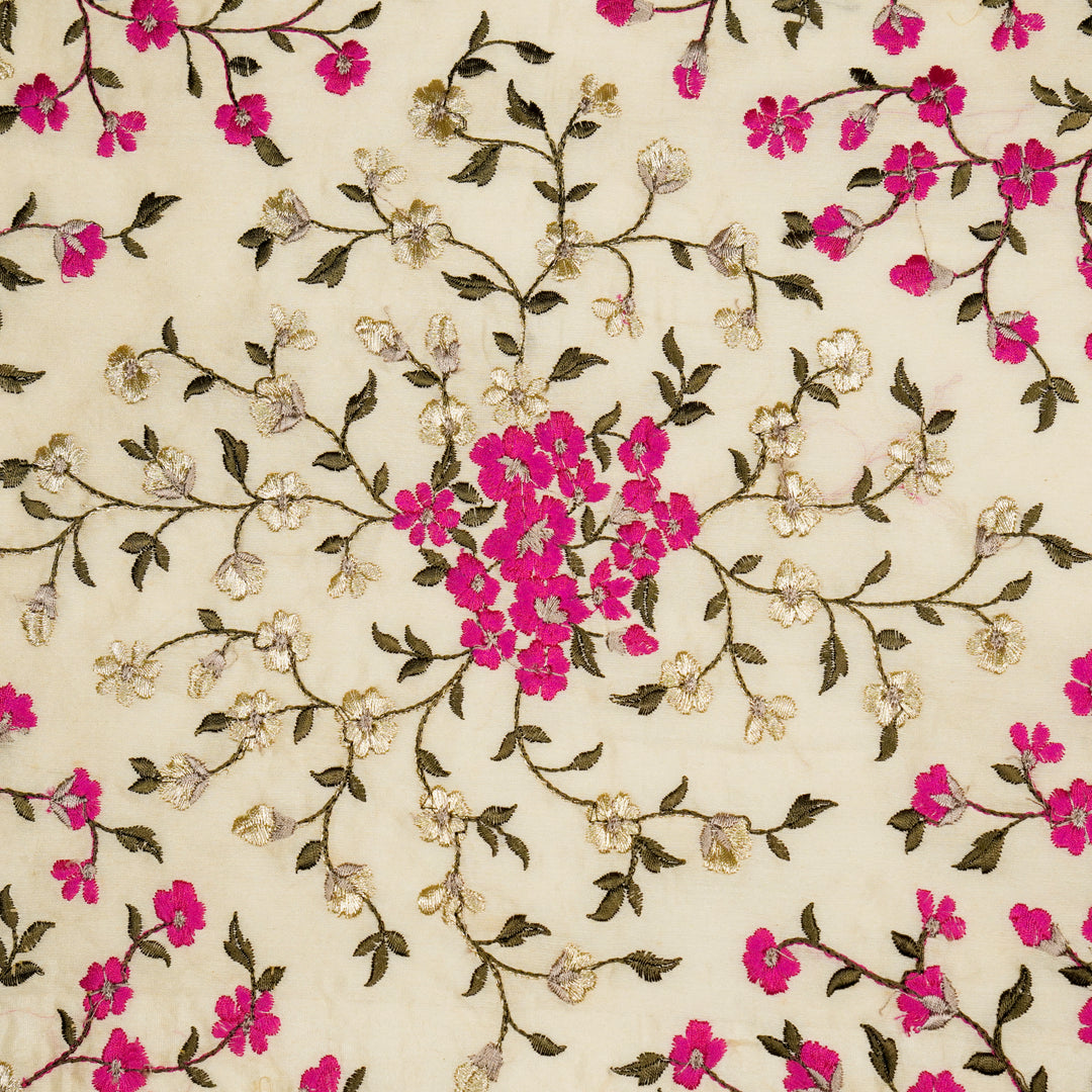 Anabia Jaal on Cream/Fuxia Semi Chanderi Embroidered Fabric