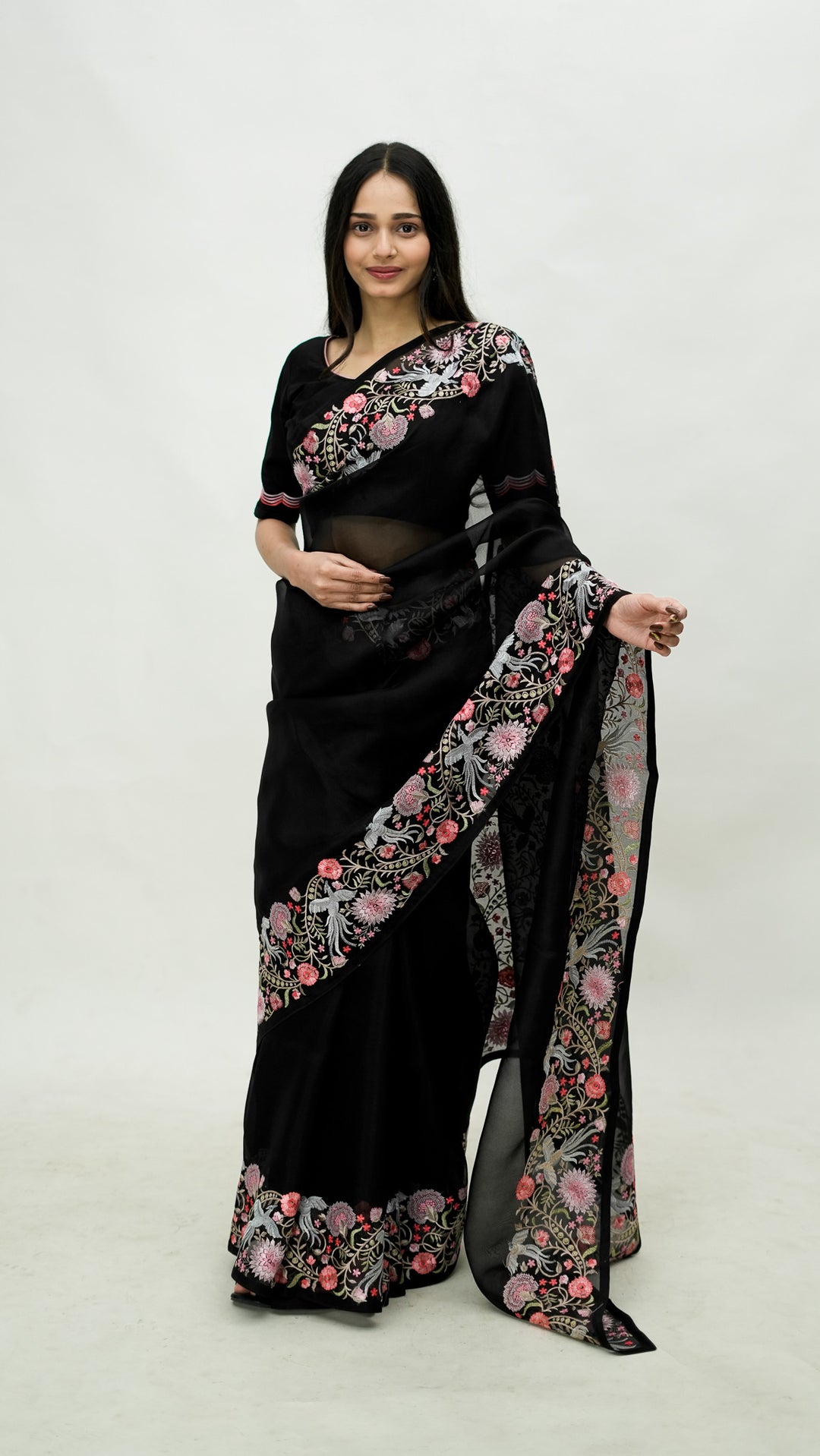 Qareena Embroidered Saree on Black Pure Silk Organza