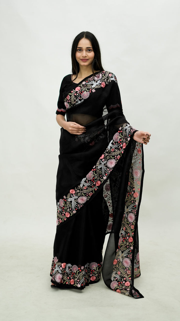 Qareena Embroidered Saree on Black Pure Silk Organza