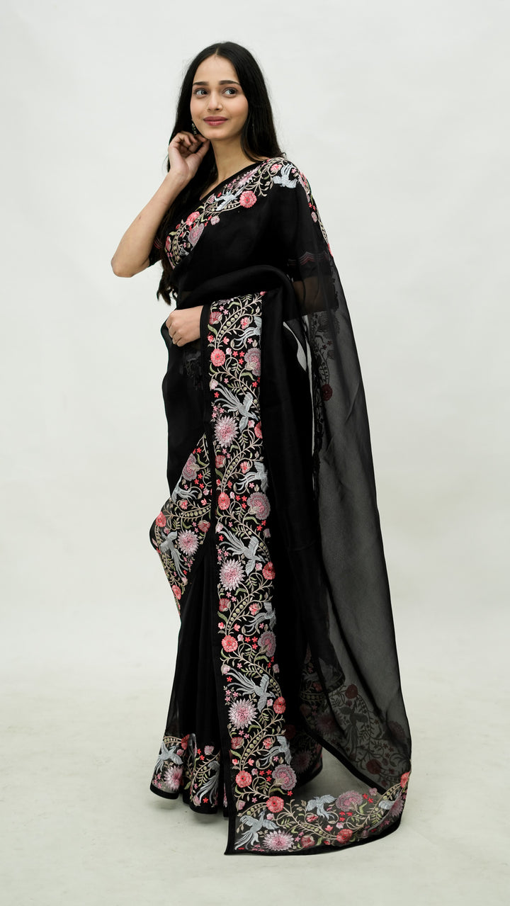 Qareena Embroidered Saree on Black Pure Silk Organza