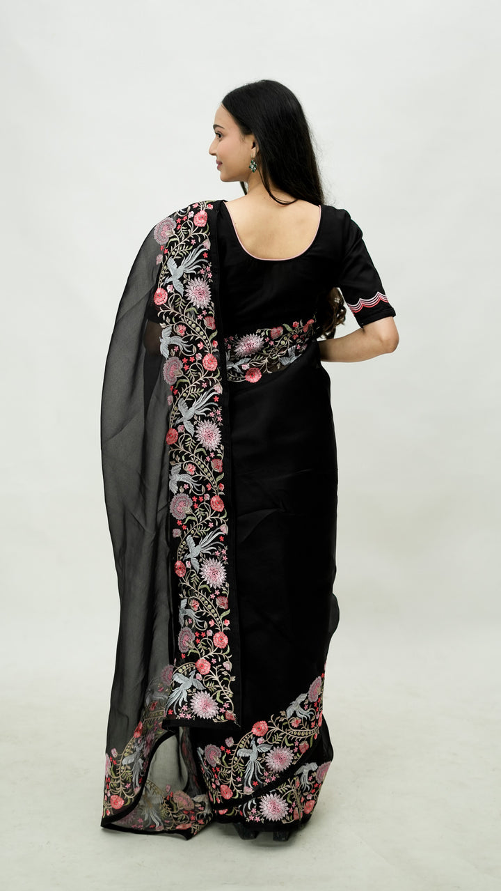 Qareena Embroidered Saree on Black Pure Silk Organza