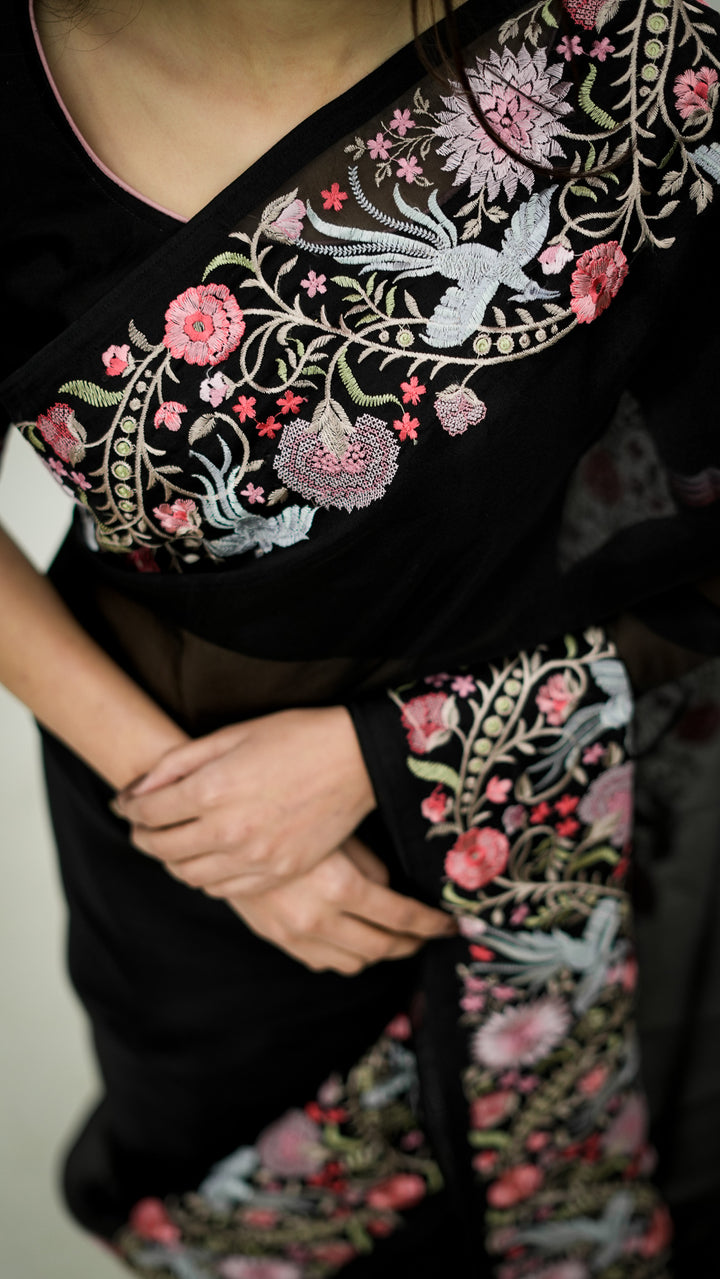 Qareena Embroidered Saree on Black Pure Silk Organza
