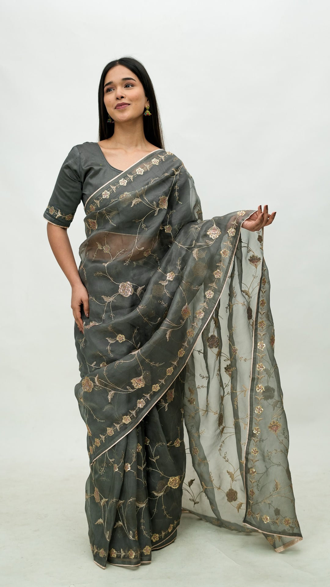 Revaya Embroidered Saree on Charcoal Pure Silk Organza