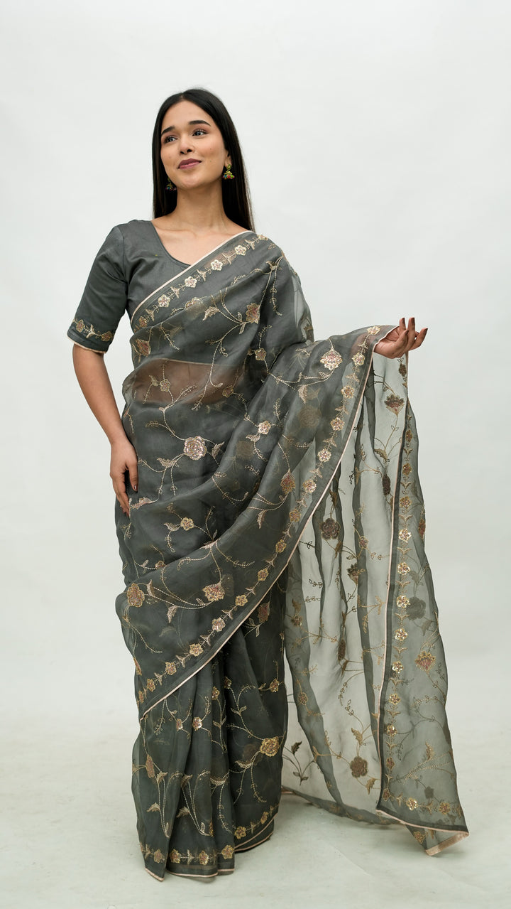 Revaya Embroidered Saree on Charcoal Pure Silk Organza