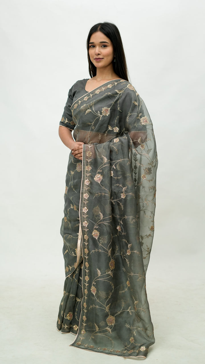 Revaya Embroidered Saree on Charcoal Pure Silk Organza