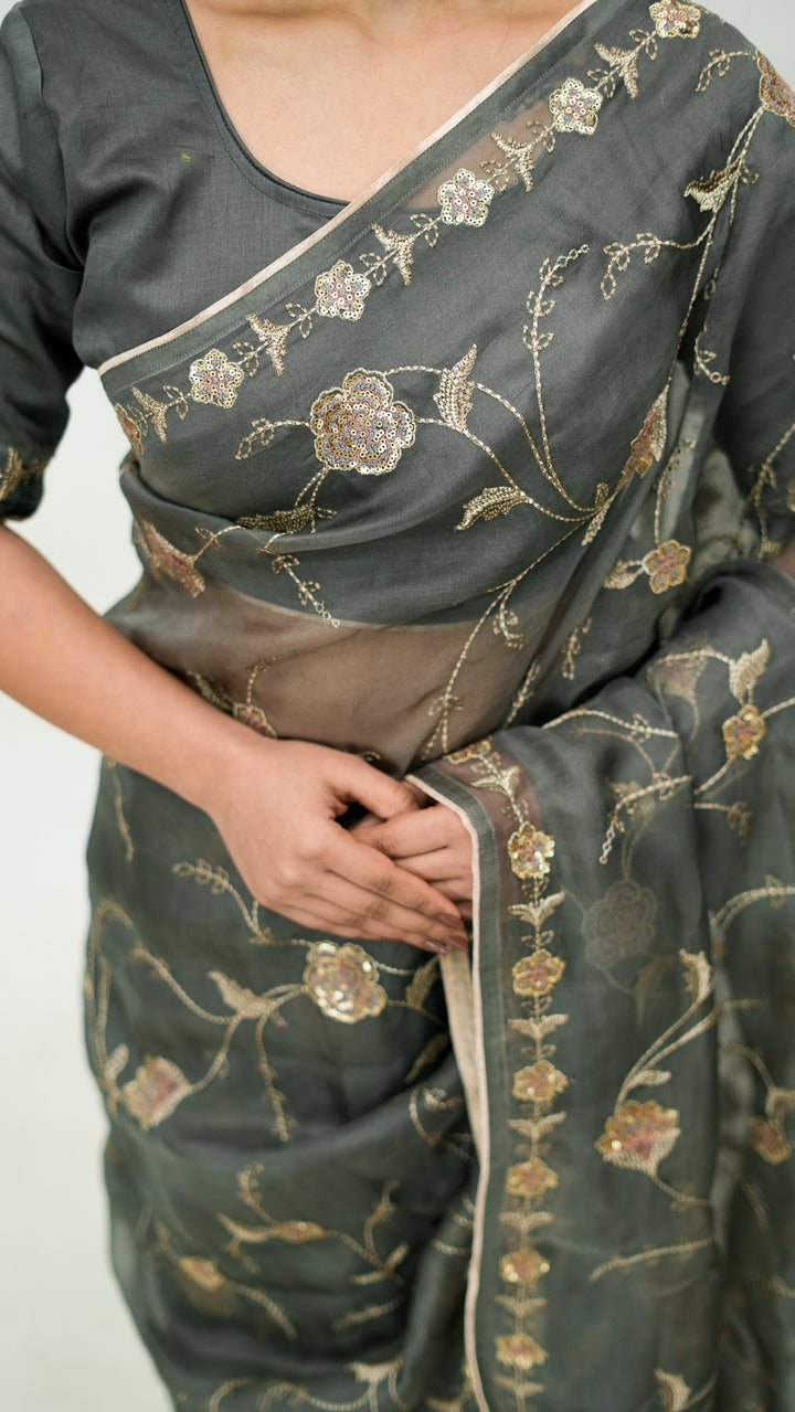 Revaya Embroidered Saree on Charcoal Pure Silk Organza