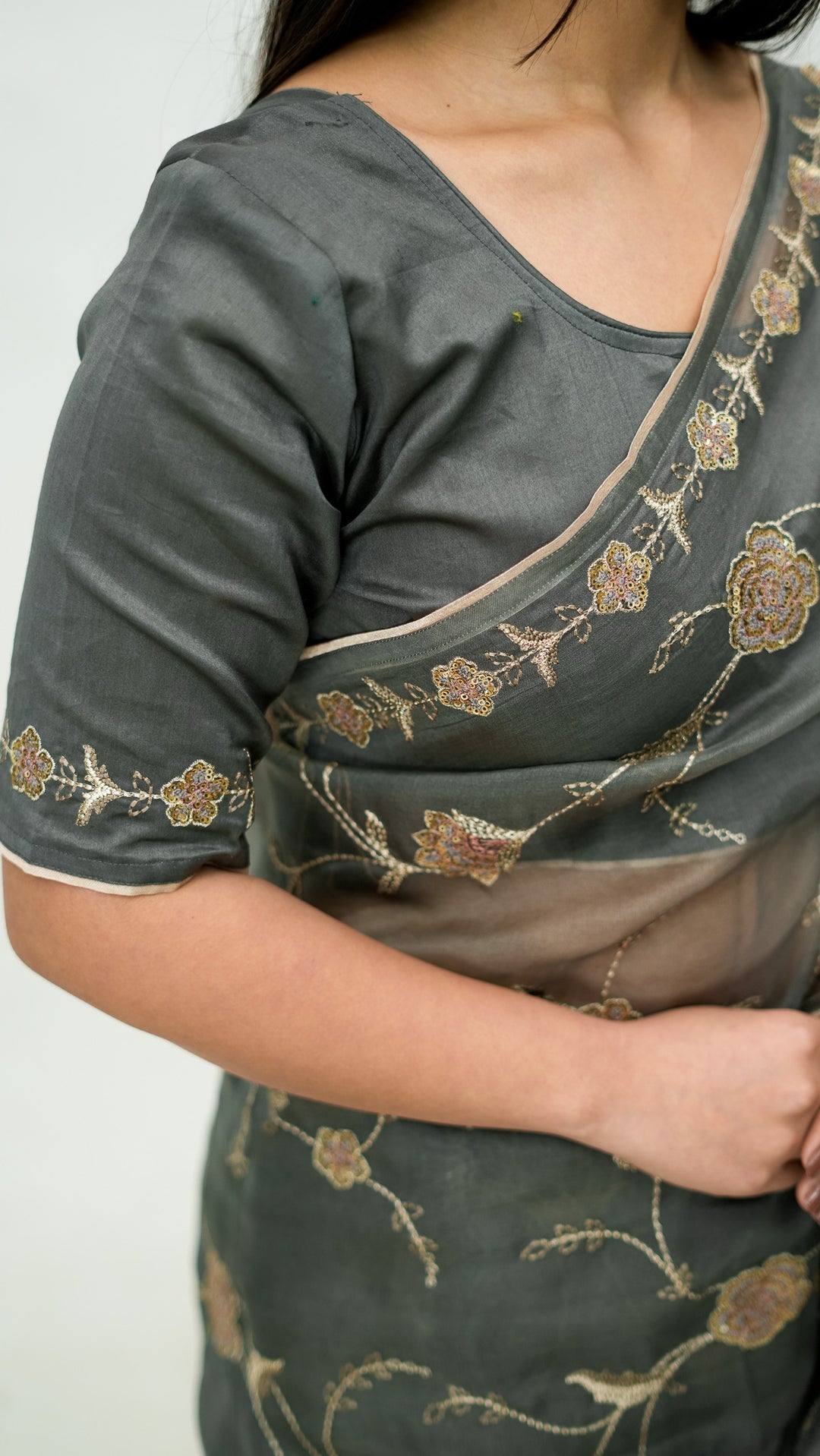 Revaya Embroidered Saree on Charcoal Pure Silk Organza