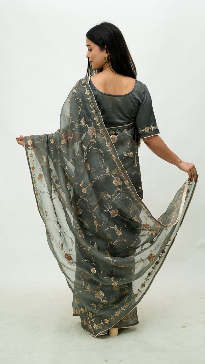 Revaya Embroidered Saree on Charcoal Pure Silk Organza