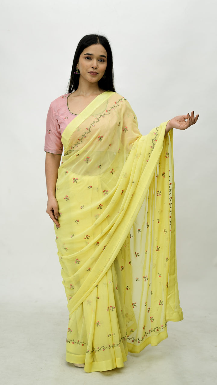 Zayfa Embroidered Saree on Lemon Pure Silk Georgette