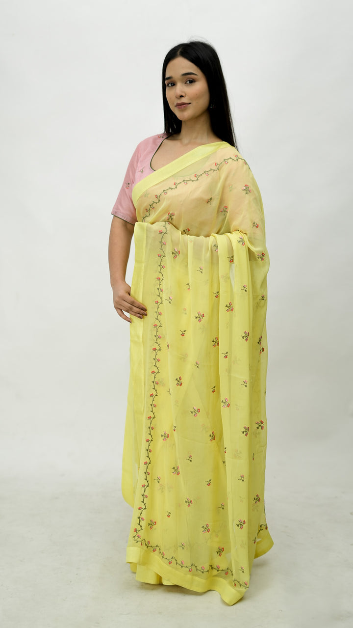 Zayfa Embroidered Saree on Lemon Pure Silk Georgette