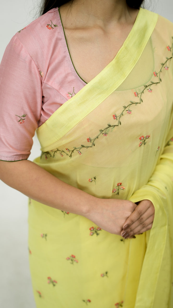 Zayfa Embroidered Saree on Lemon Pure Silk Georgette