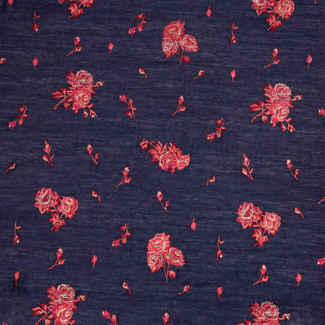 Navy Blue Munga Silk Sami Buta Buti Embroidered Fabric