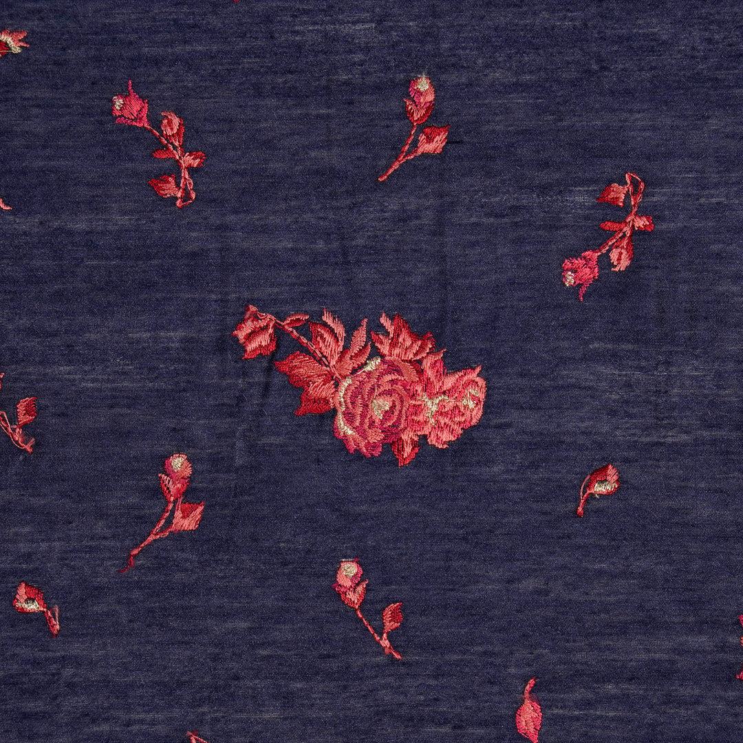 Navy Blue Munga Silk Sami Buta Buti Embroidered Fabric