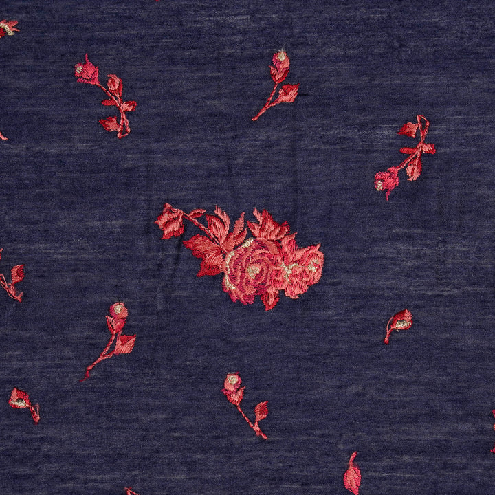Navy Blue Munga Silk Sami Buta Buti Embroidered Fabric