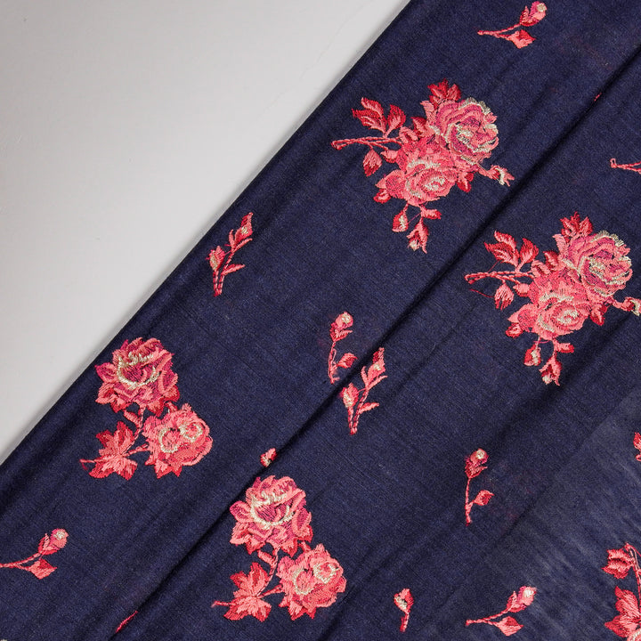Navy Blue Munga Silk Sami Buta Buti Embroidered Fabric