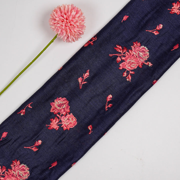 Navy Blue Munga Silk Sami Buta Buti Embroidered Fabric