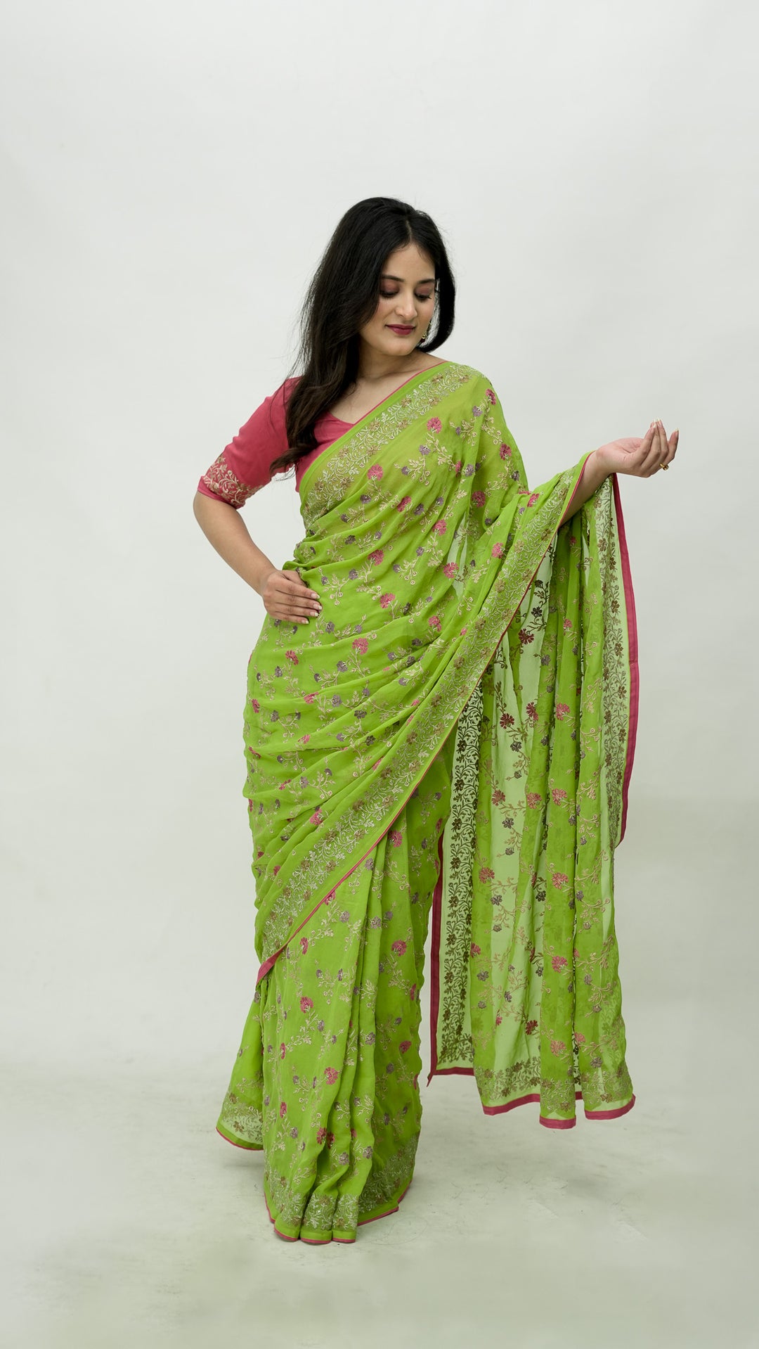Mayila Embroidered Saree on Parrot Green Pure Silk Georgette