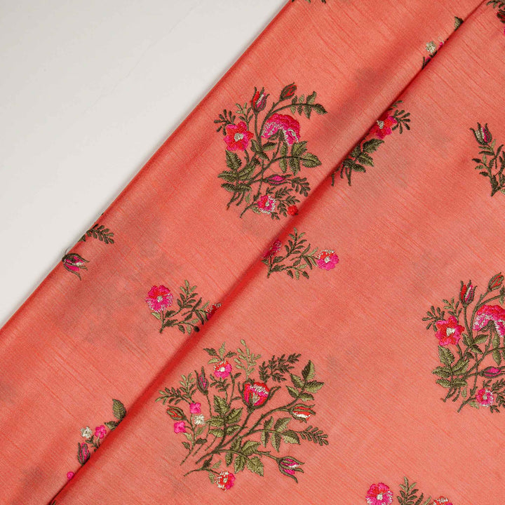 Adeeba Buta Buti Mixture on Peach Semi Raw Silk Embroidered Fabric