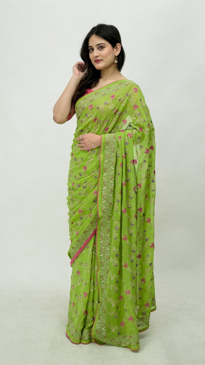Mayila Embroidered Saree on Parrot Green Pure Silk Georgette