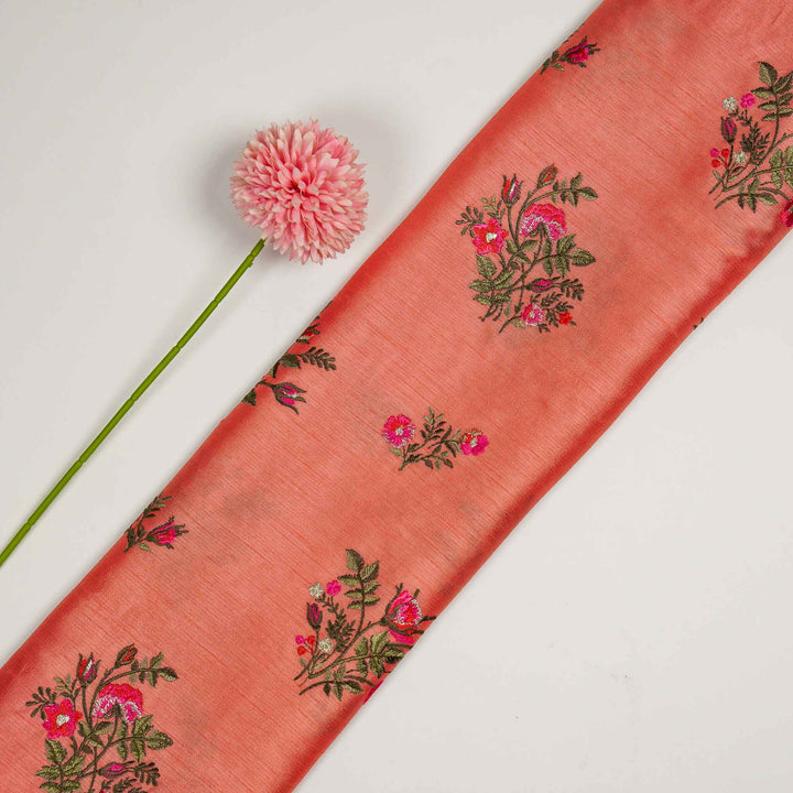 Adeeba Buta Buti Mixture on Peach Semi Raw Silk Embroidered Fabric