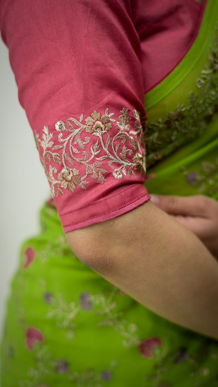 Mayila Embroidered Saree on Parrot Green Pure Silk Georgette