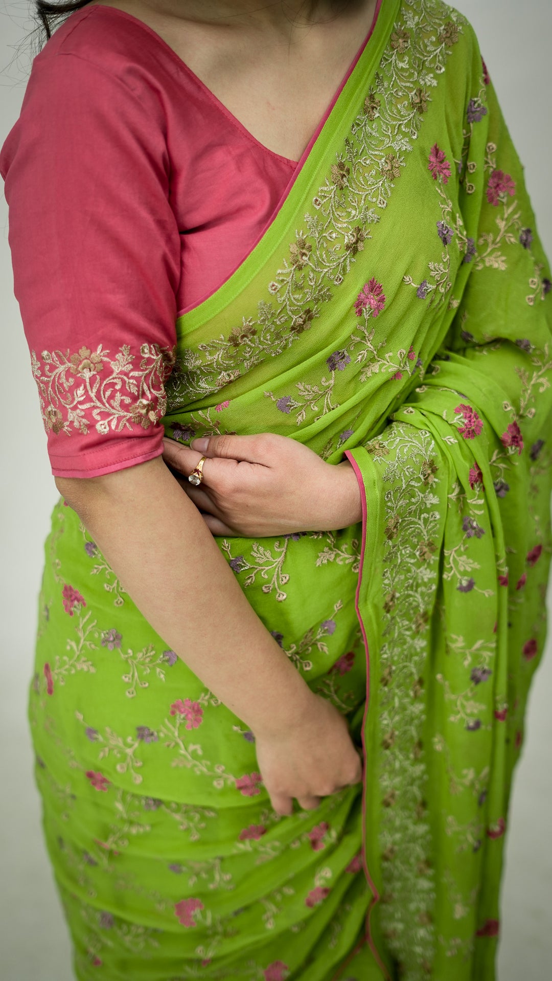 Mayila Embroidered Saree on Parrot Green Pure Silk Georgette