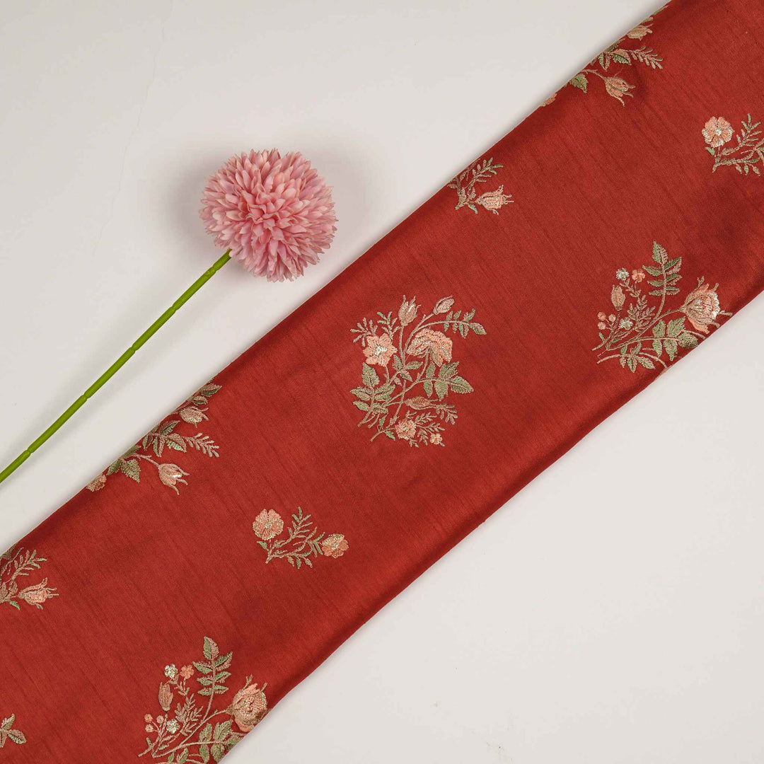 Adeeba Buta Buti Mixture on Red Semi Raw Silk Embroidered Fabric